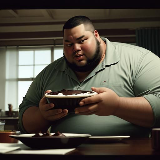 Fat man eating chocolate pudding