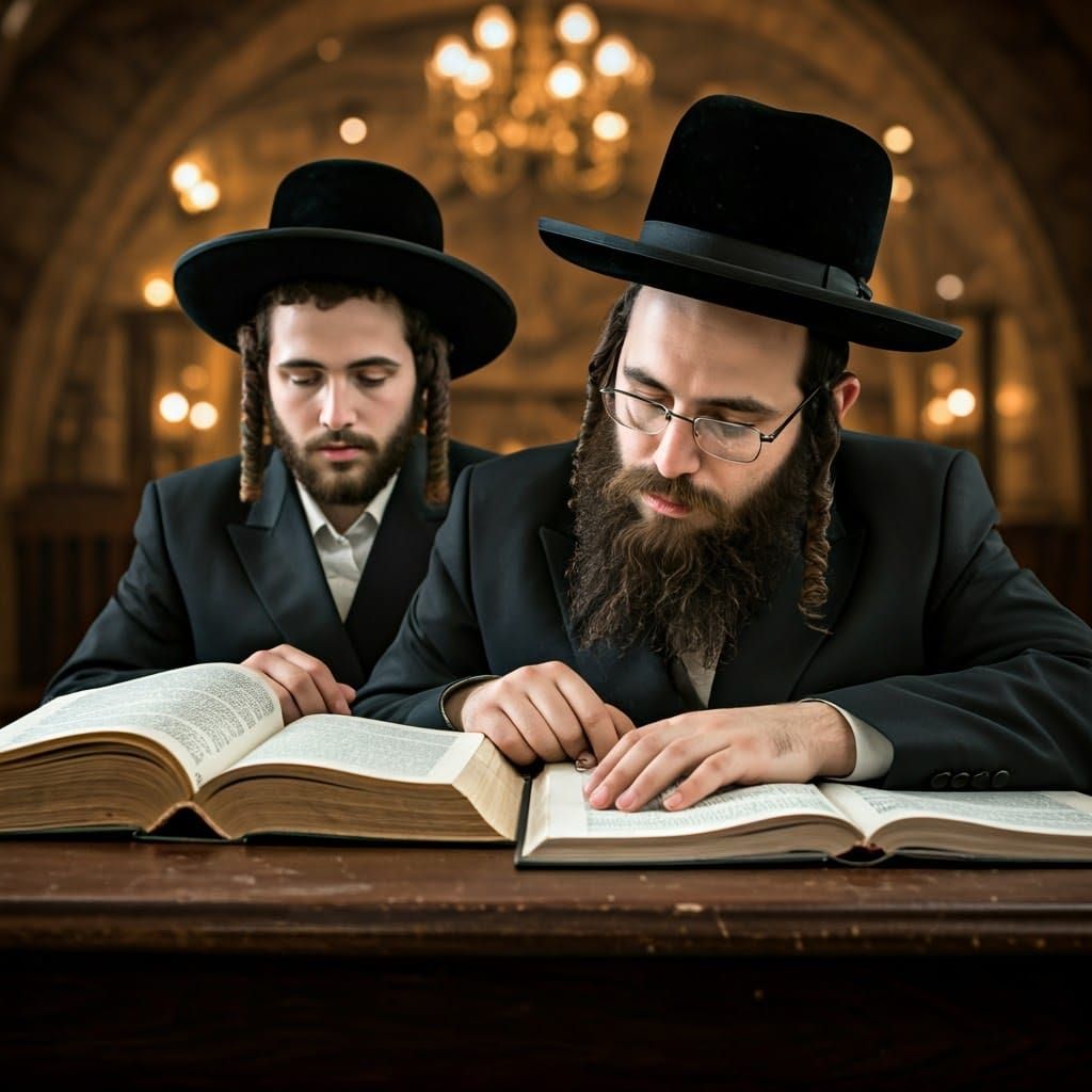 Orthodox Jewish Scholars in Intense Talmudic Study