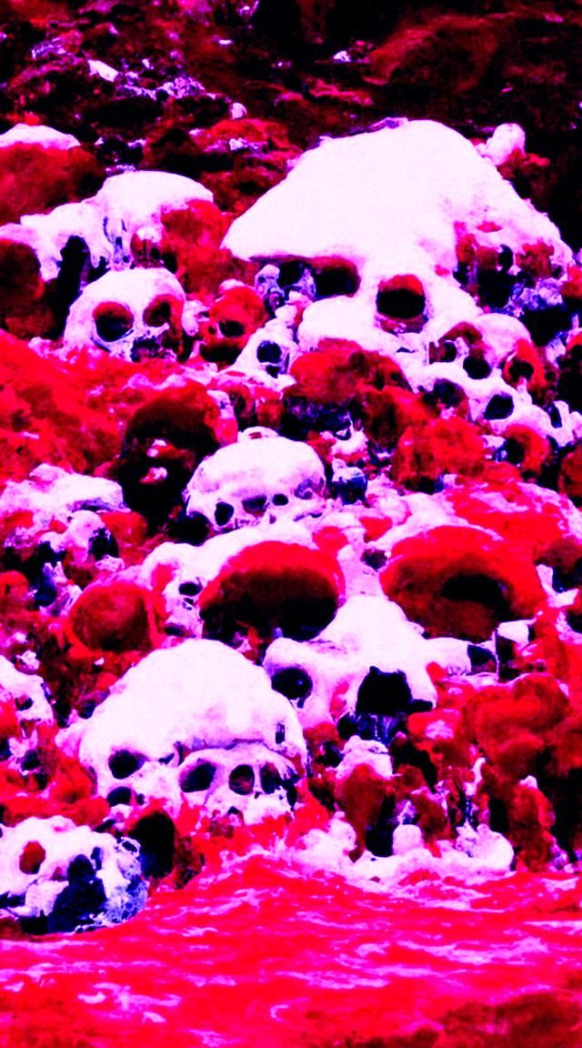 Mountain of skulls surrounding bubbling ocean of blood