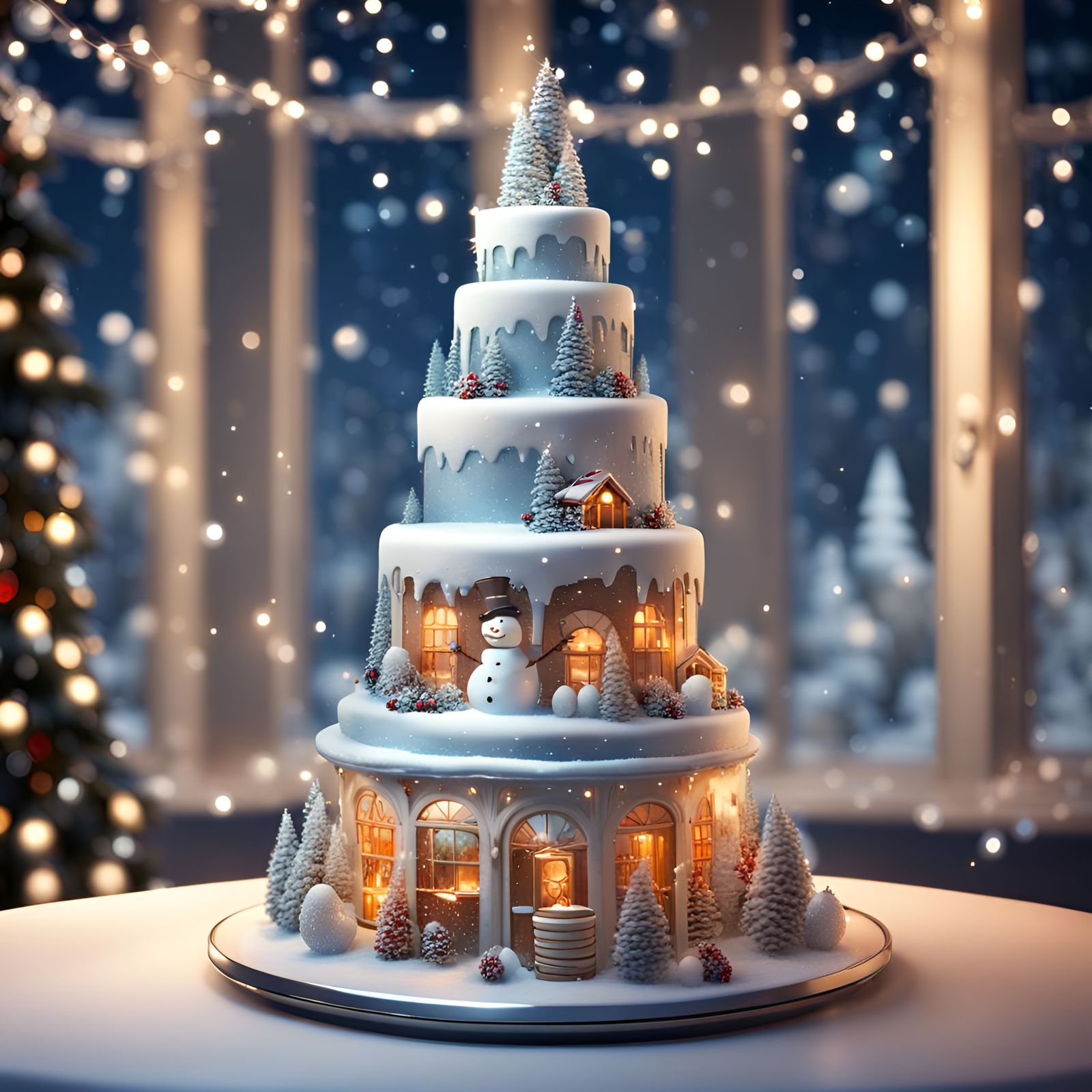 Winter wonderland Christmas cake tower: with fairy lights, snowman, snowballs, lights, table, reflections, ...  by @undefined
