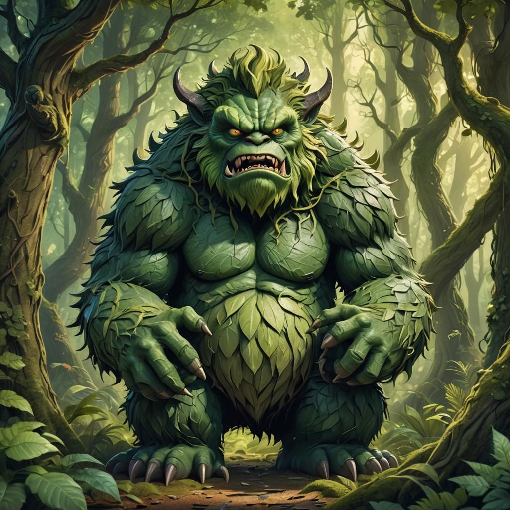 A cute grumpy monster , folding his arms, looking angry against a backdrop of a windy green forest 