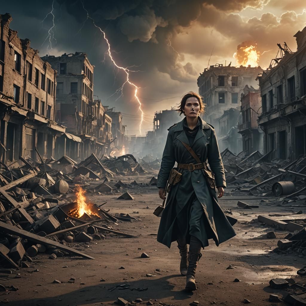 city destroyed by war, one woman walking alone through wastelands, fire, lightning Cinematic, vignette, color graded, post-processed, cinema...