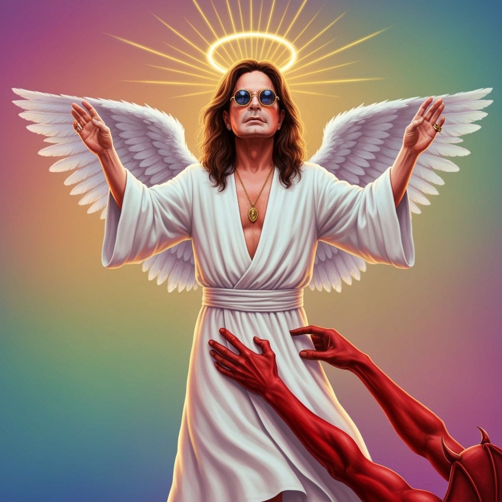 Ozzy Osbourne ascending into heaven as an angel with wings and halo wearing round sunglasses, red devil arm holding his leg trying to pull h...
