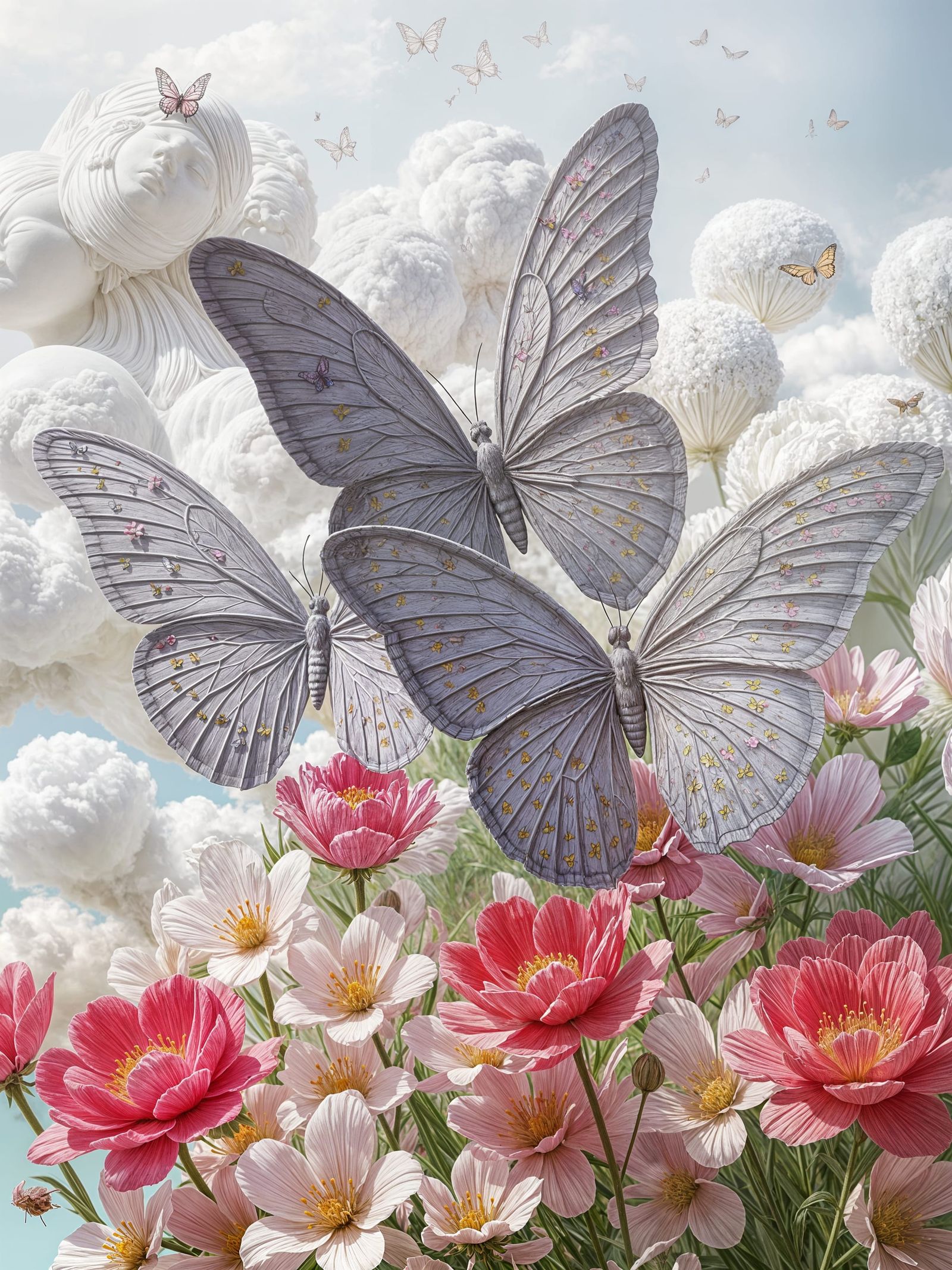 An artistic relief depicting three large lavender butterflies with detailed, textured wings, flanked ...  by @Kh-nagsh