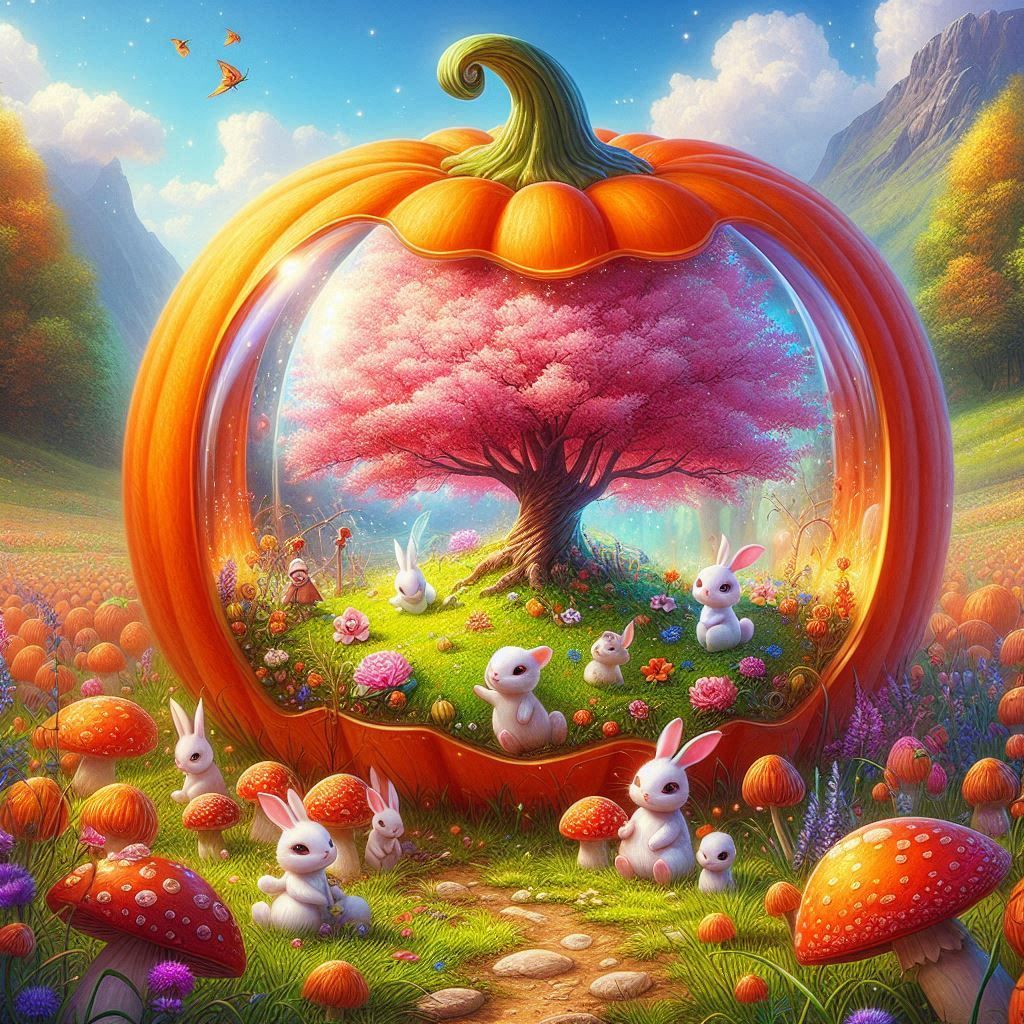 Calabaza hiperreal, un prado con cerezo en flor dentro de la...