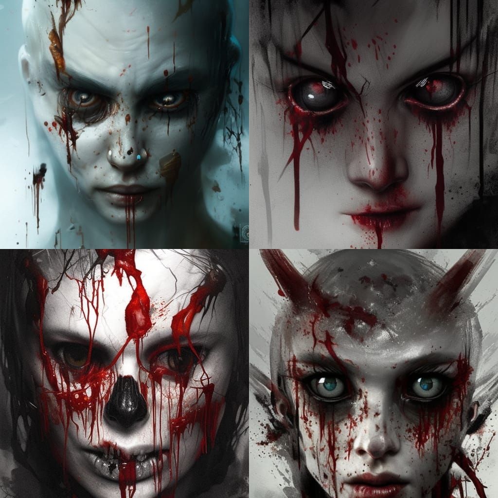 Head lowed, eyes staring straight ahead, hollow eyes::9, blo...