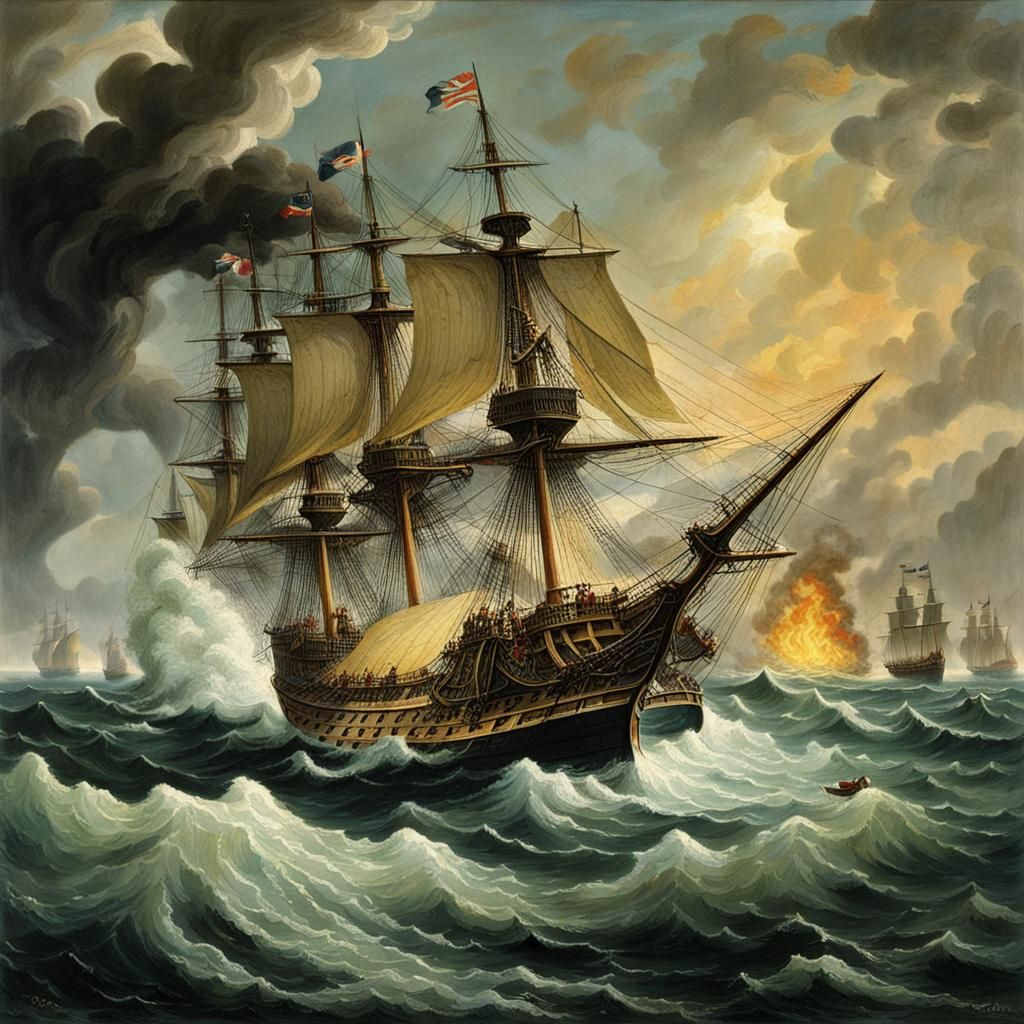 18th century ship of the line fighting an angry sea during a...