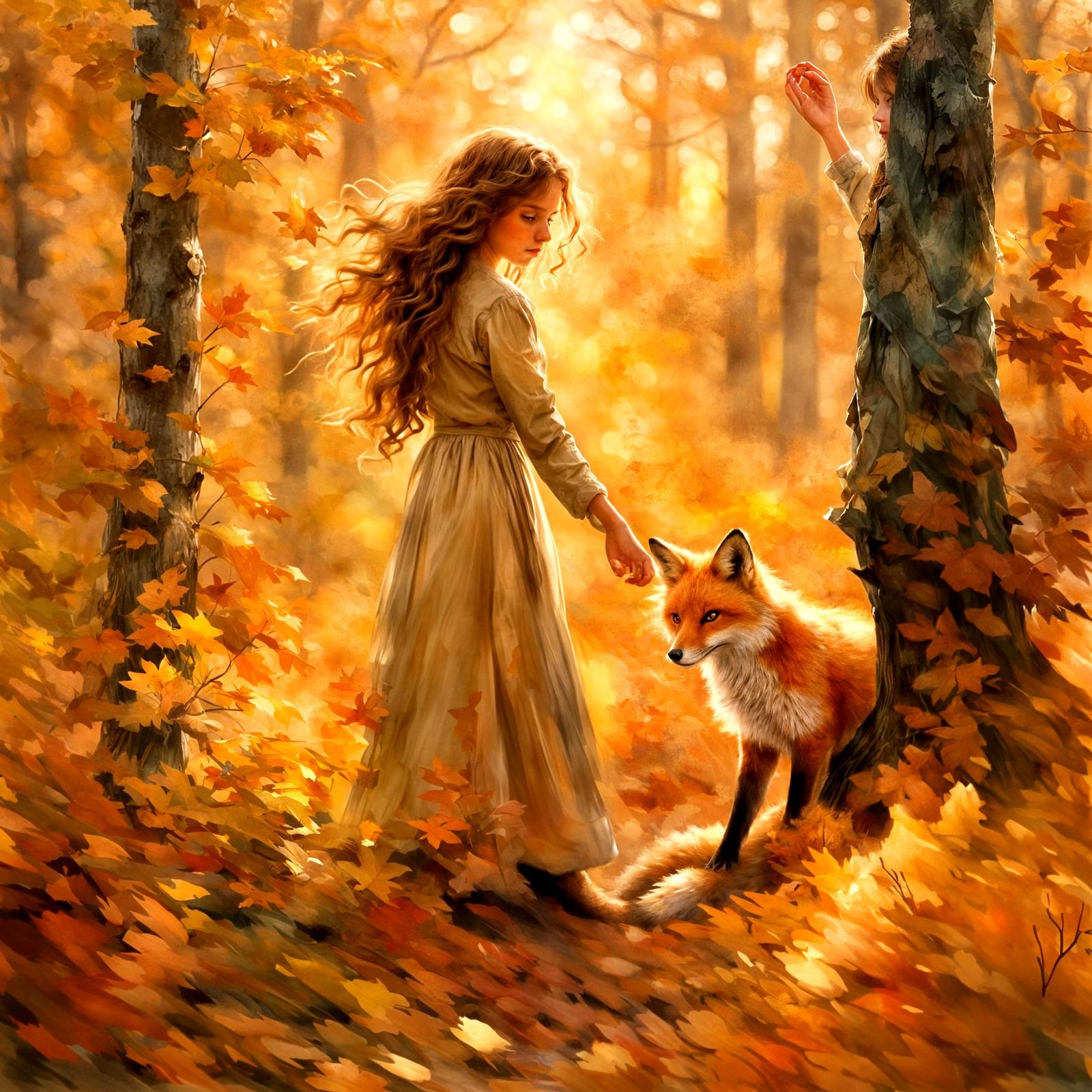 The Autumn Girl And The Wild Fox.  by @Andrachiel