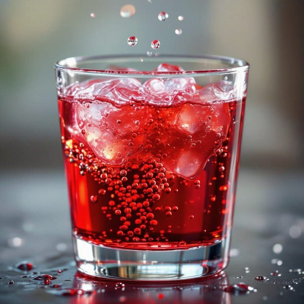I want to see a glass with red color gazoz (soda). I want to see the bubles nicely