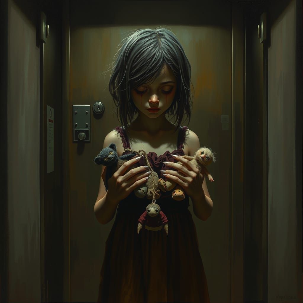 Creepy Girl in Dimly Lit Lobby, Oil Painting