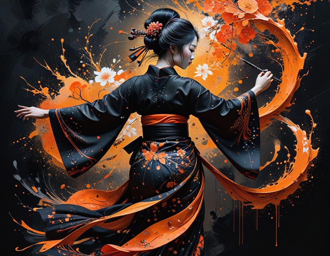Vibrant Geisha in Whirling Colors