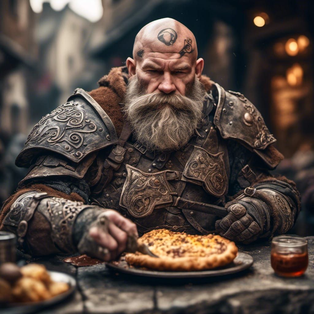<lora:NC Hyperreal:1.0> crusty dwarven warrior, eating a pas...