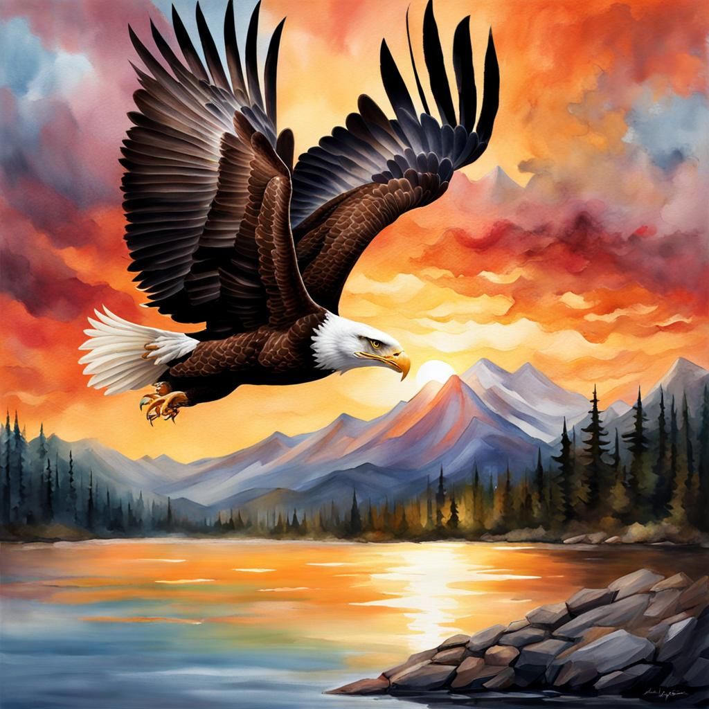 Watercolor Bald Eagle in the Rocky Mountain