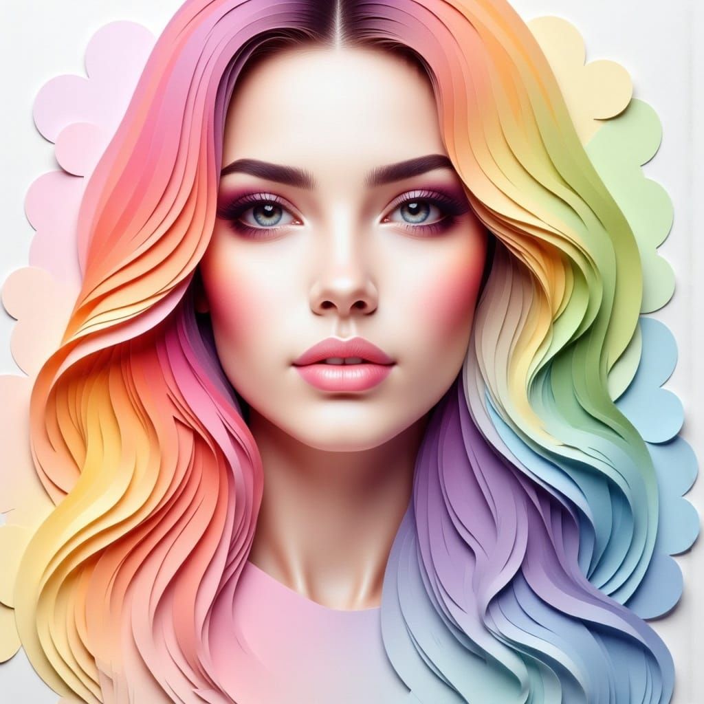 <lora:Paper Mosaic:1.0> A beautiful woman made of colorful pastel colors memo paper ombre like