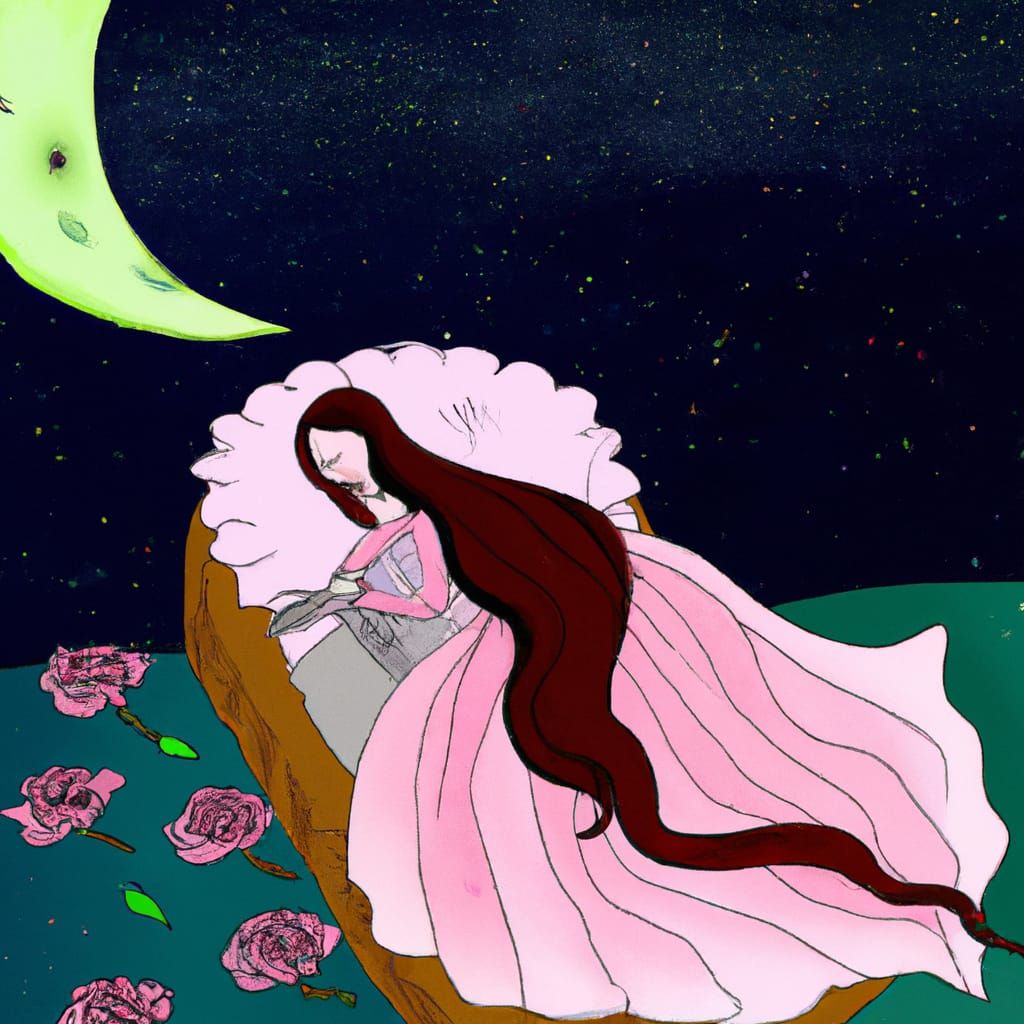 A princess sleeping on the harf moon.her frock is pink with ...