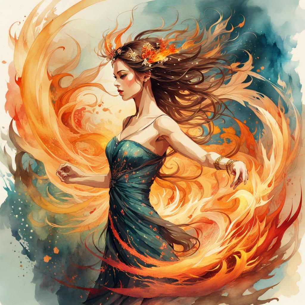 illustration of a beautiful woman dancing amidst swirling flames - AI ...