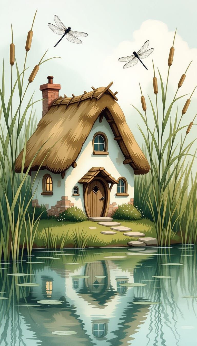 Whimsical Fairy Cottage by Serene Pond in Ink Sketch Style