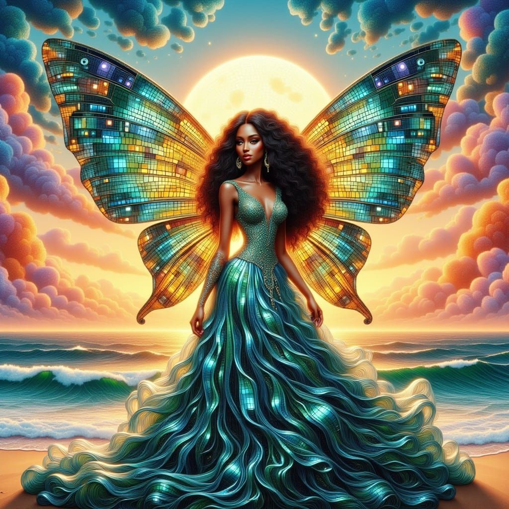 <lora:WINGS IN BEAUTY:1.0> <lora:MOSAIC IN BEAUTY:1.0> Beautiful mosaic wings, elegance, jaw dropping scene, sinister, teal silver yellow,, ...