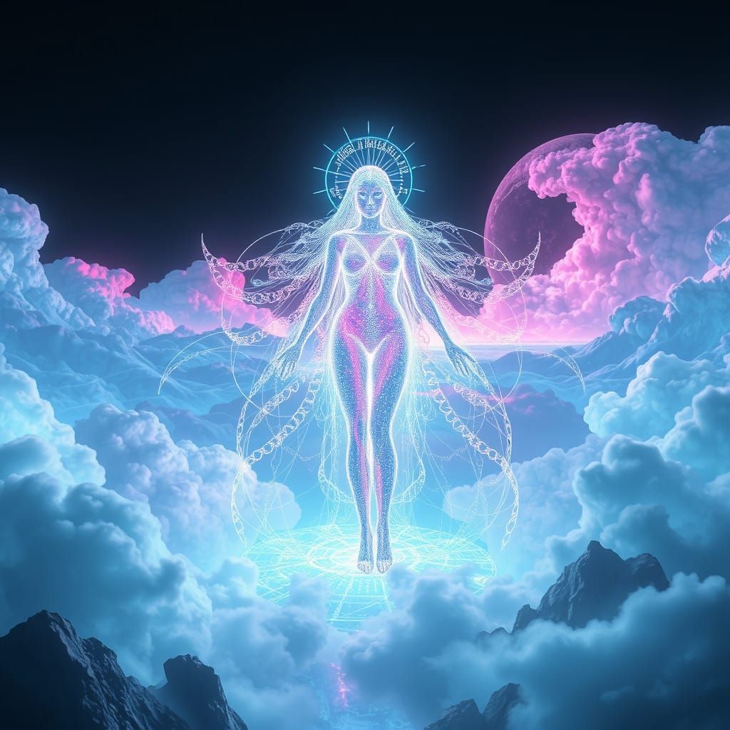 Glowing Holographic Goddess in Neon Cyberpunk Digital Realm