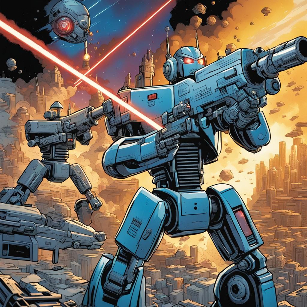 Ad Infinitum scene of robots firing a laser gun at a robot o...