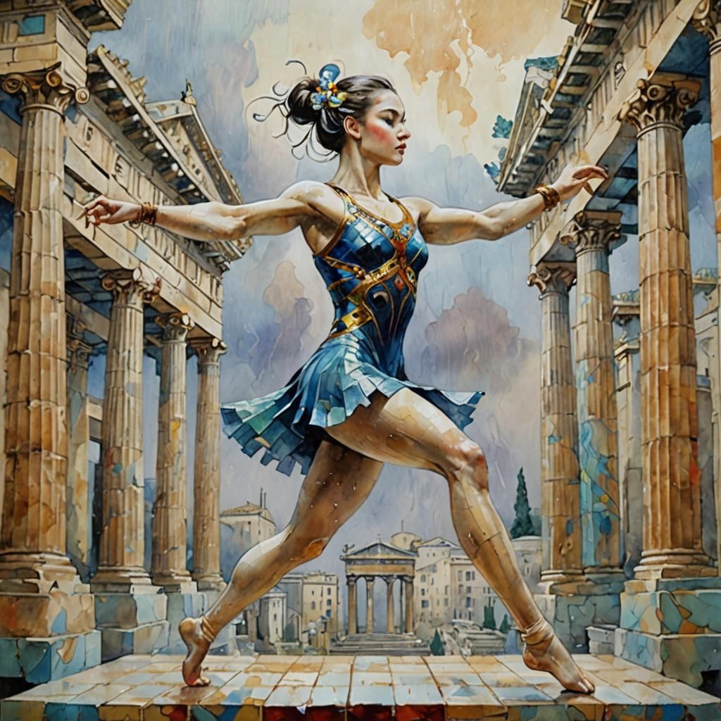 Woman gymnast,drizzly Parthenon,cloisonne,crayon/pastel,Lina Iris Viktor,Anne Bachelier