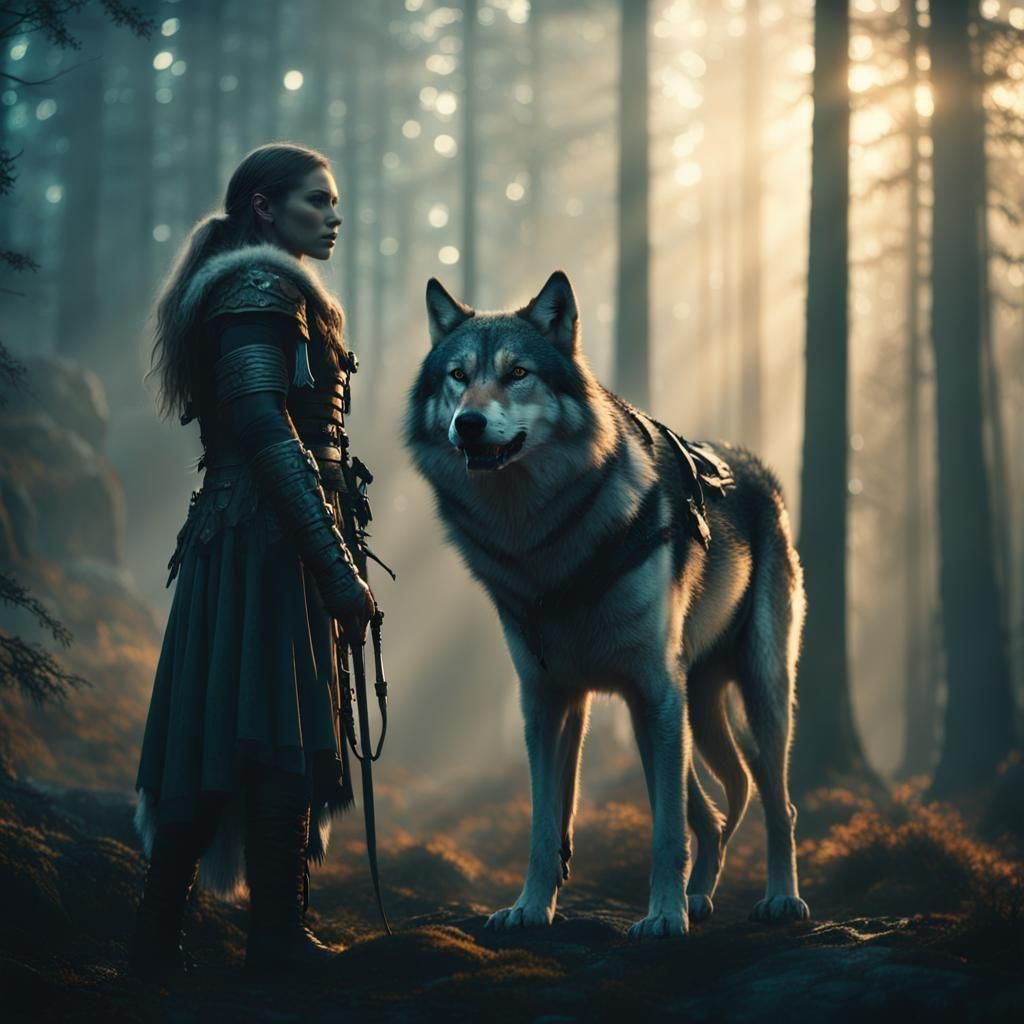 a mystical female warrior with a wolf companion