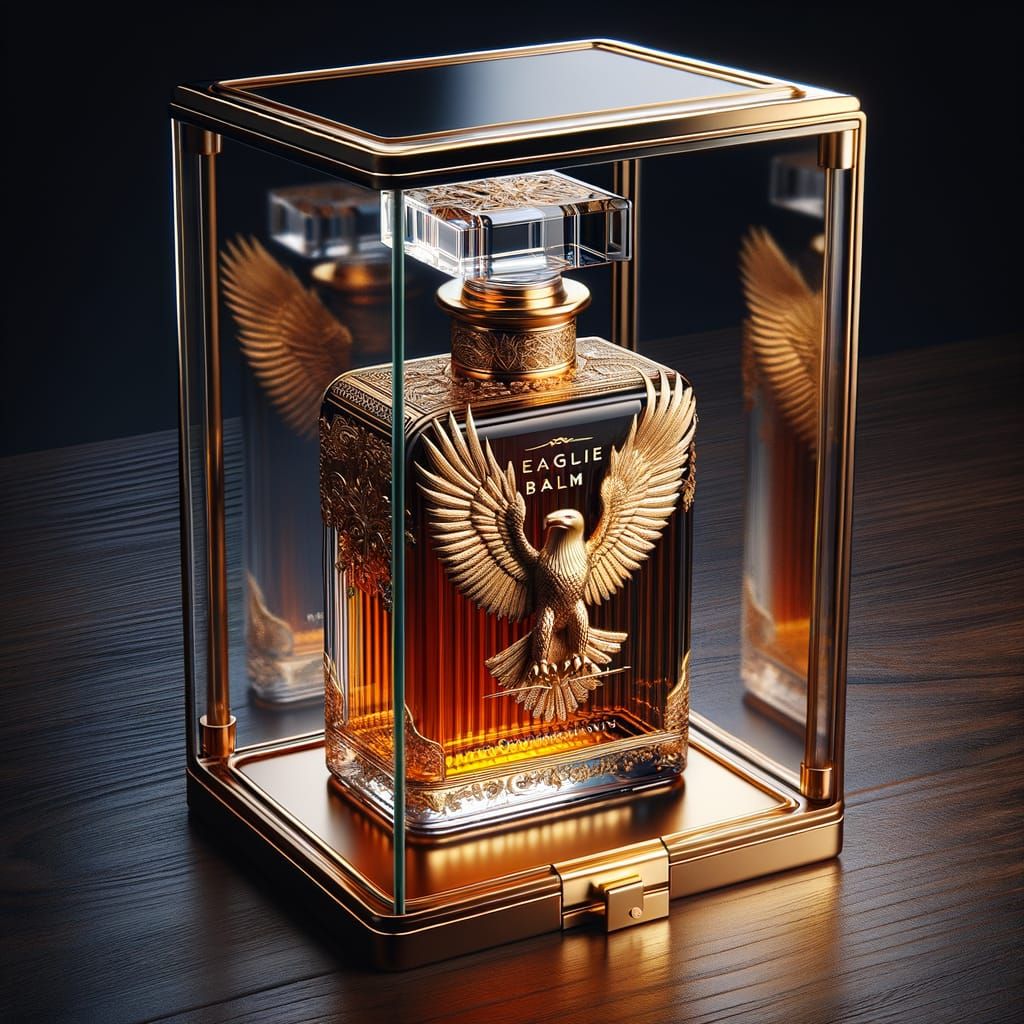 A luxurious bottle of eagle balm sitting in a glass enclosure   by @Battlecat23