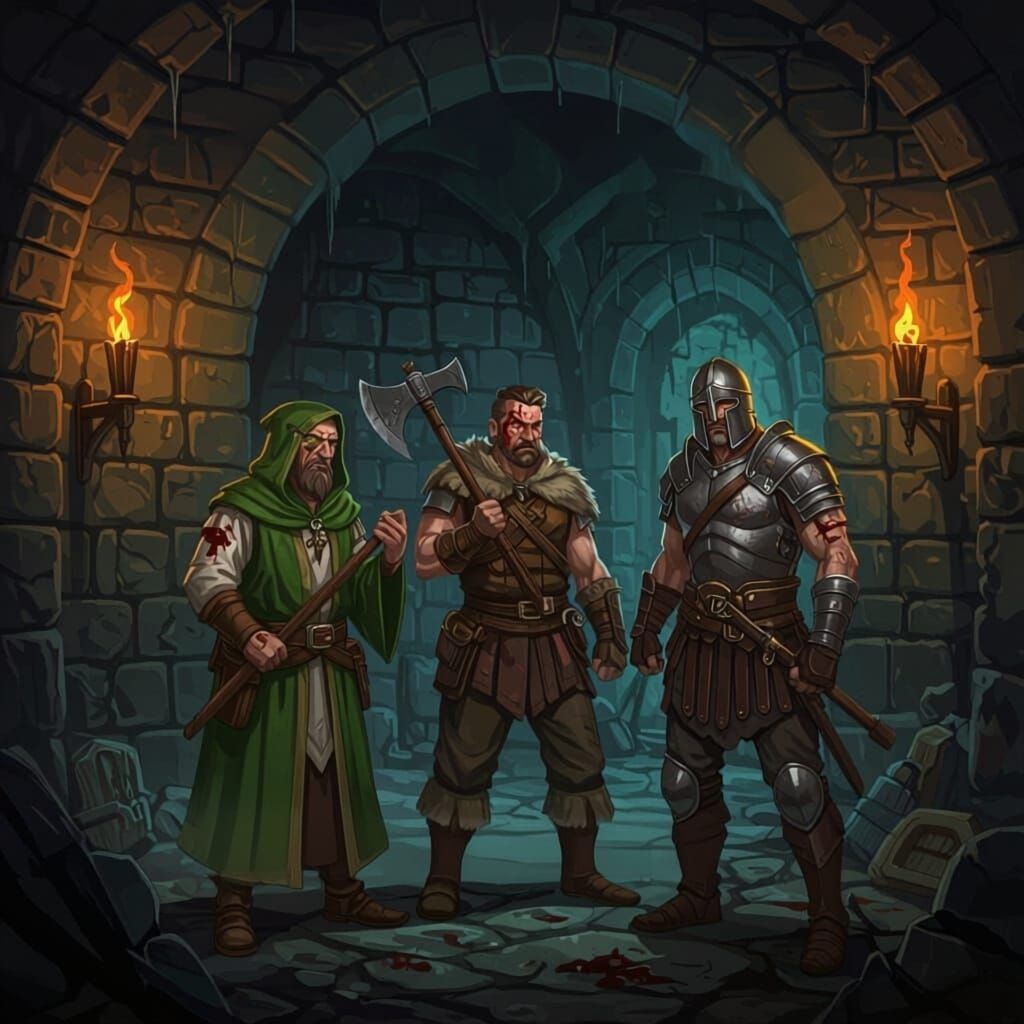 A herbalist, a woodcutter and a gladiator, confused and wounded are standing in an "for the king" styled dungeon. The heroes are characters ...