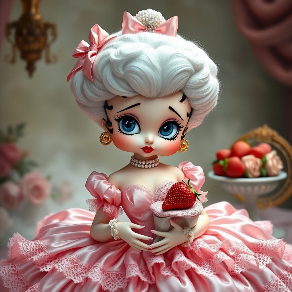 Ethereal Marie Antoinette Sits with Strawberry Cake in a Dre...