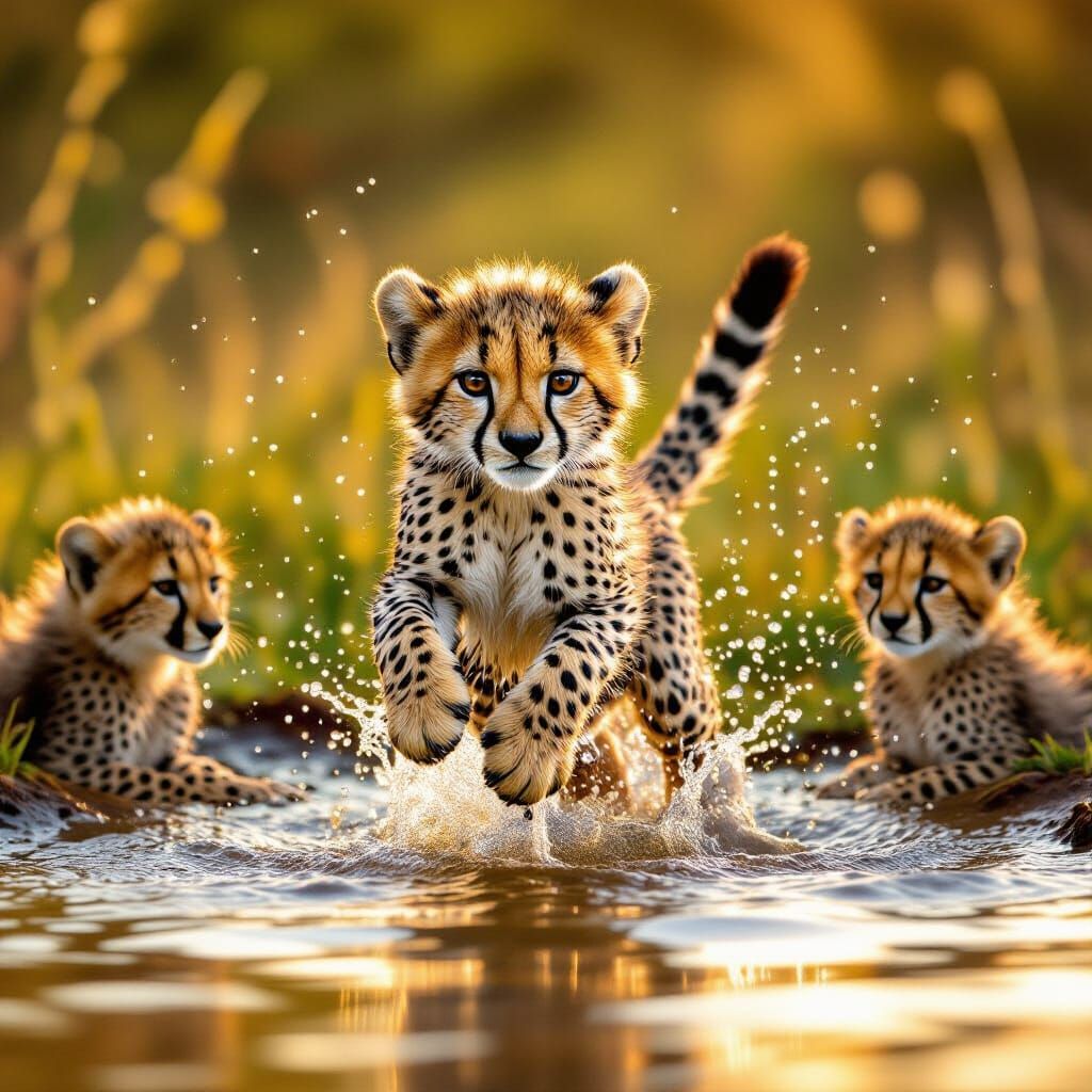A cheetah cub playing in the water with its brothers and sisters realistic  by @RoseFlower32