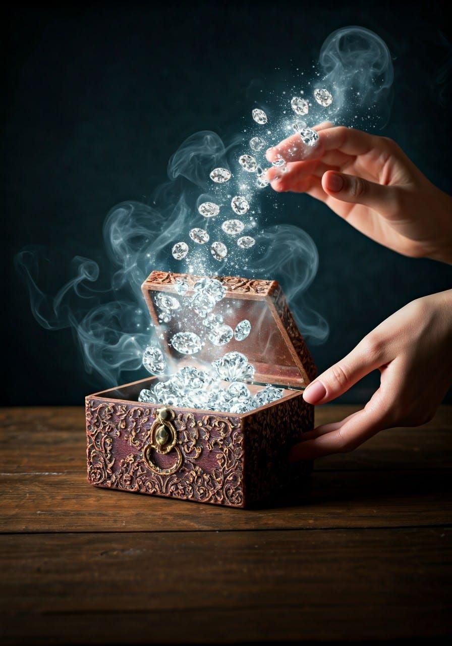 Treasure box, diamonds come out of the box, diamonds float i...
