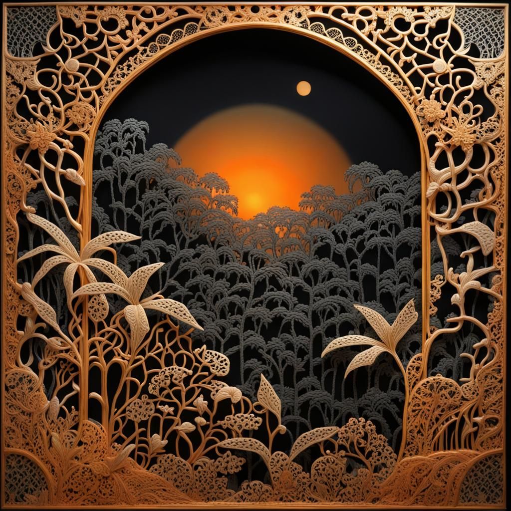 glass jungle, bioluminescent black Victorian lace image of mystery lace