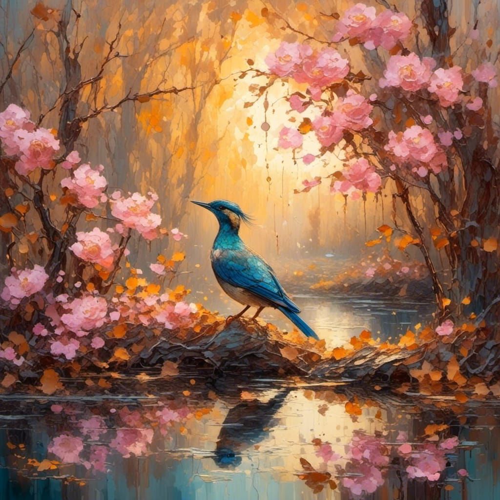 Bird in Autumn Wetlands: Impasto Oil Painting