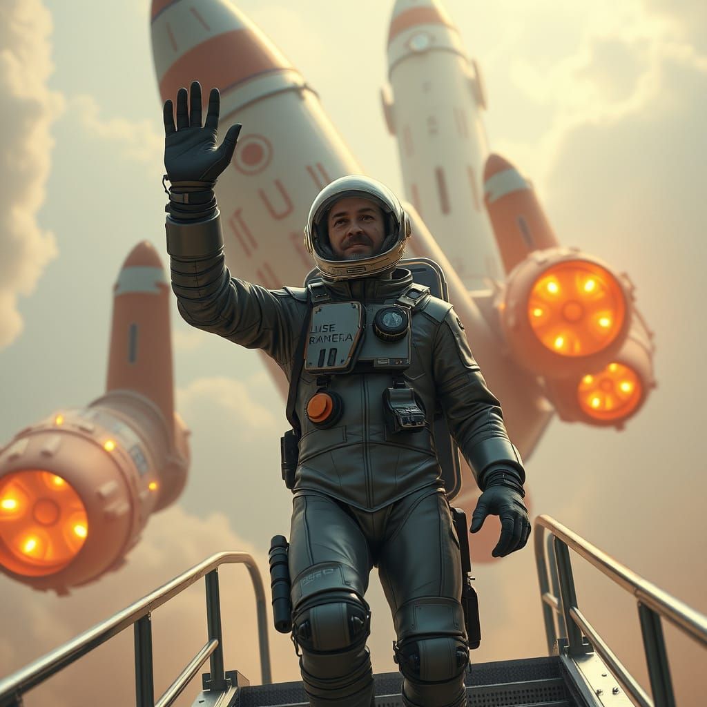 A man wearing a space suit, boarding a rocket ship as he waves goodbye