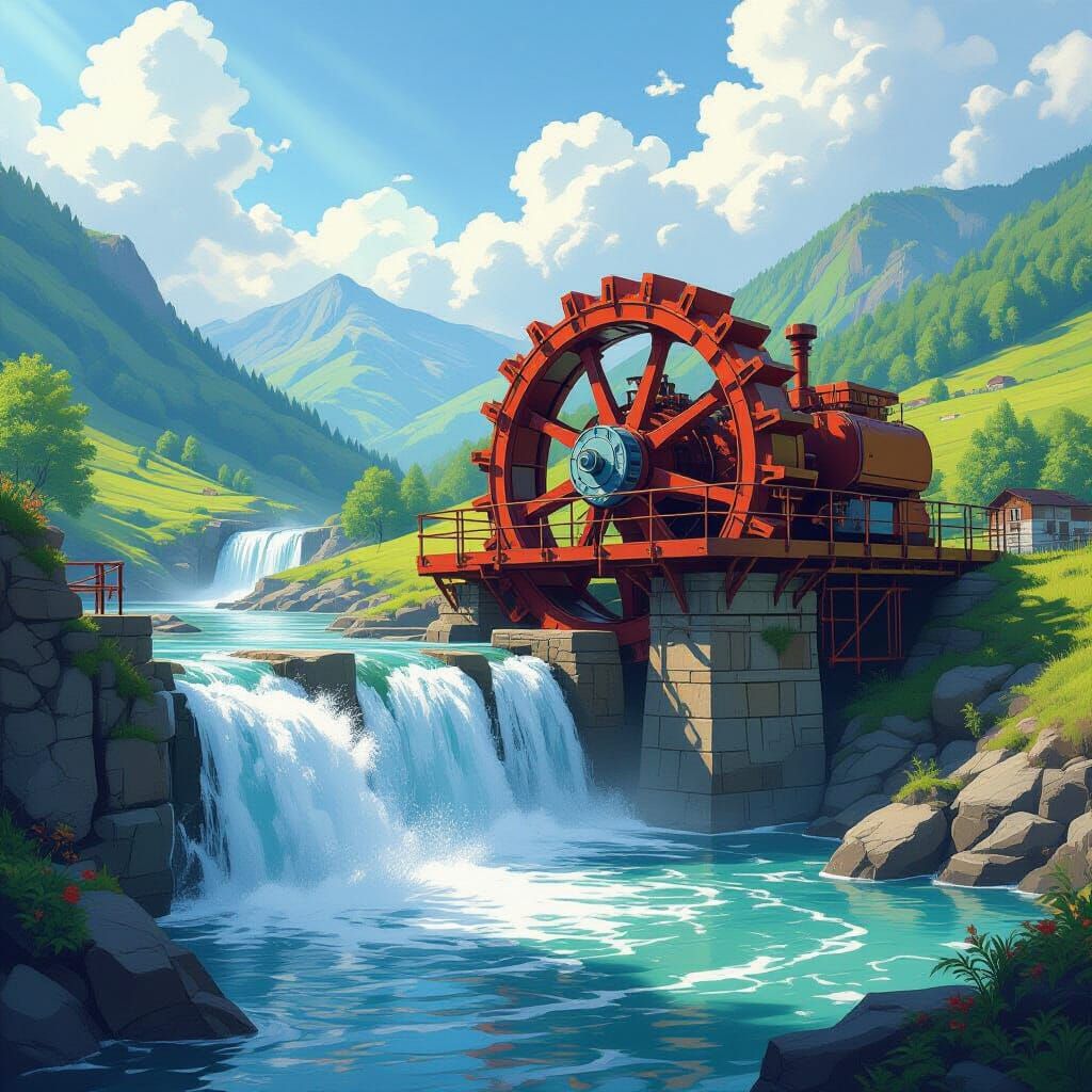 Hydro power generator with a pelton wheel rotated by flowing water in a rural beautiful setting 
