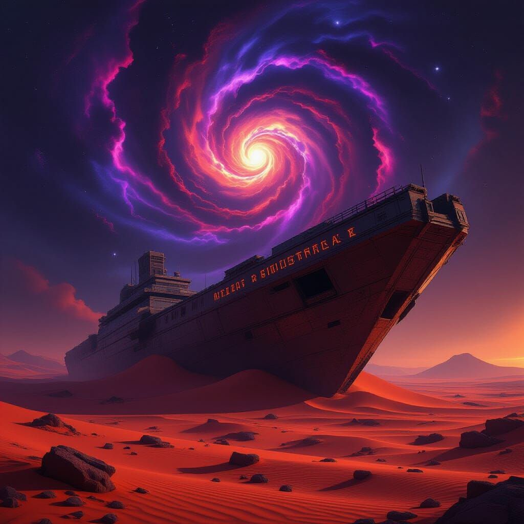 A colossal, derelict starship, half-buried in the crimson sands of a desolate alien planet. Ancient, forgotten glyphs are etched into its de...