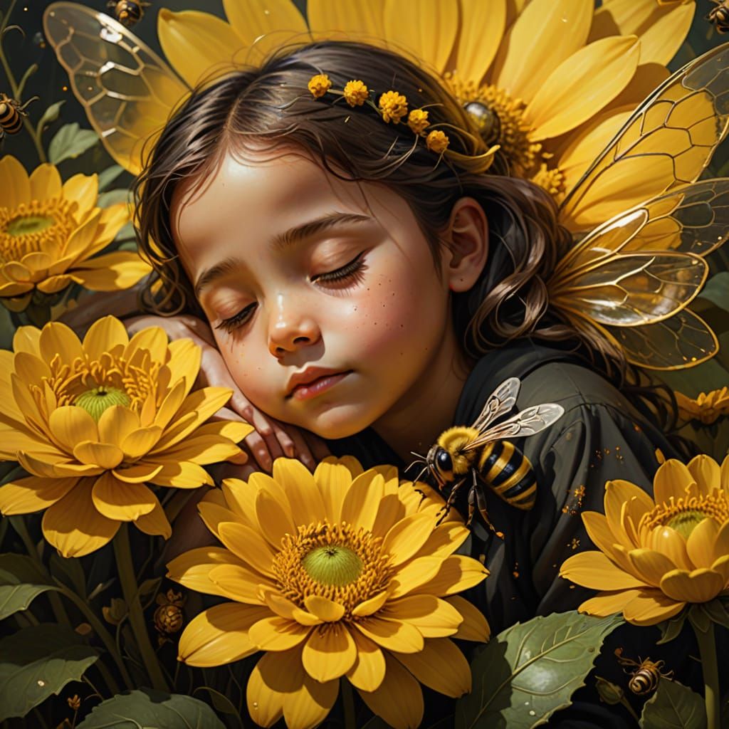 Vibrant Fantasy Child as Bee in Oil Painting Style