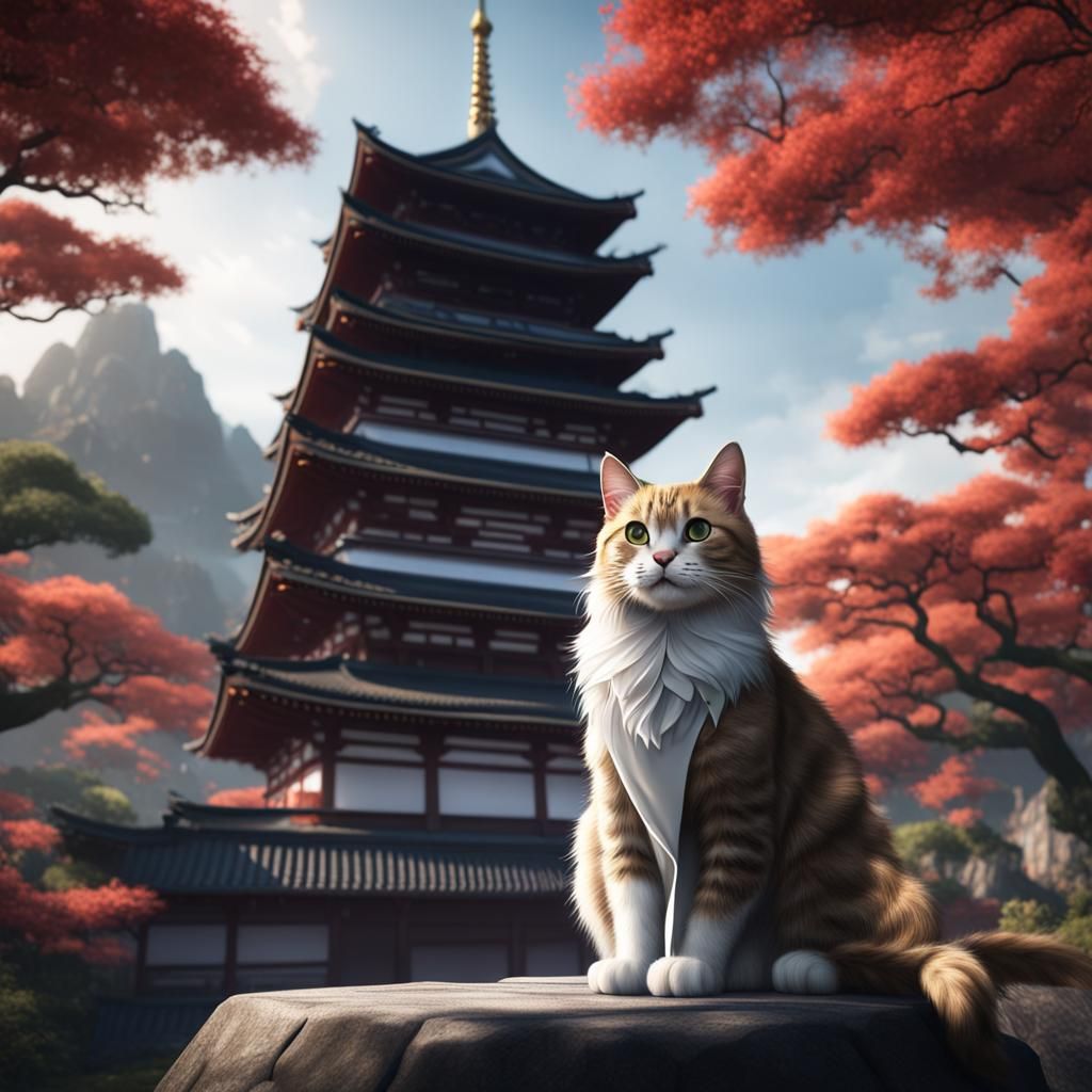 A cat in front of a Japanese tower with a white robe on