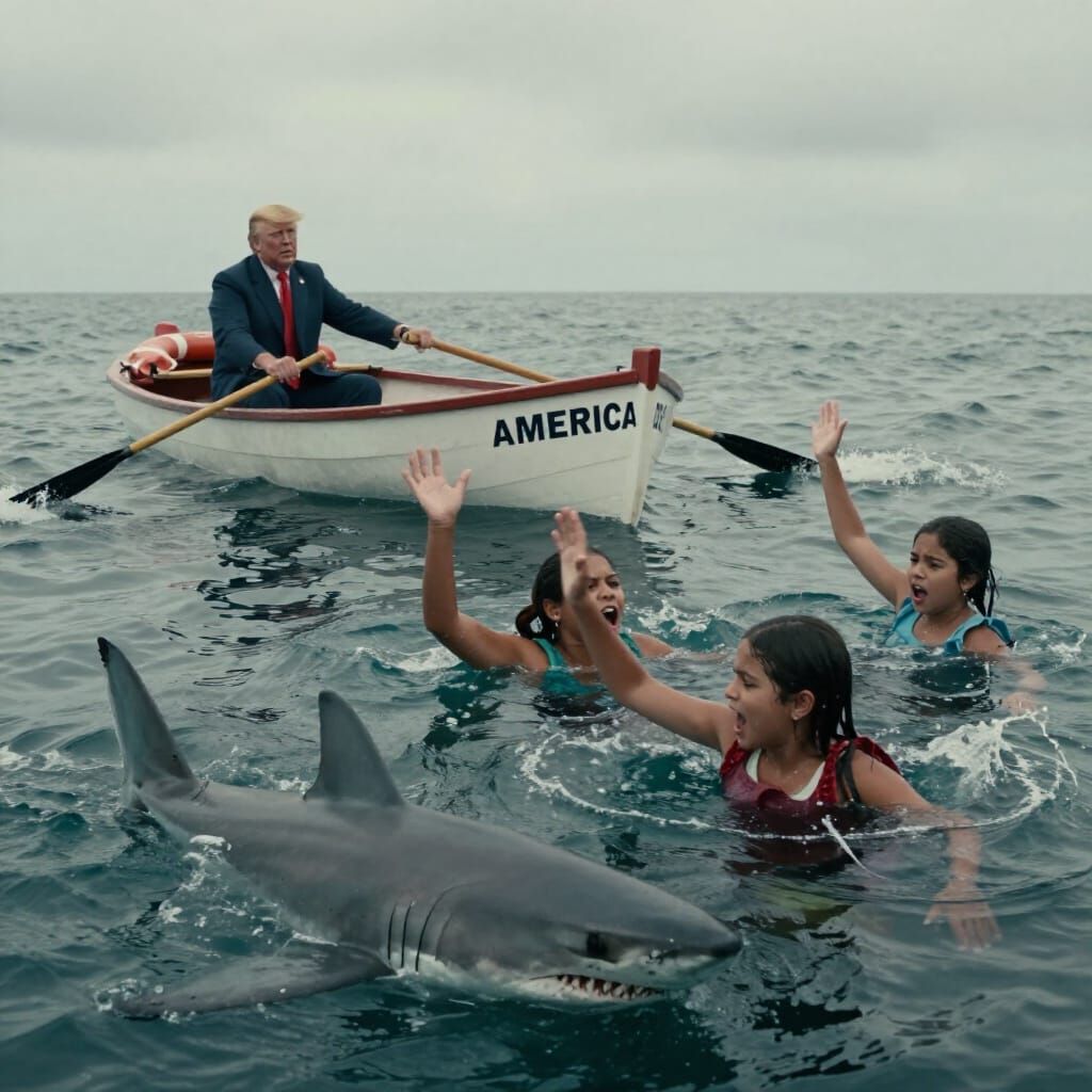 Trump and another man stand in a distant rowboat with oars. The boat is named "AMERICA. Trump is holding a life preserve...