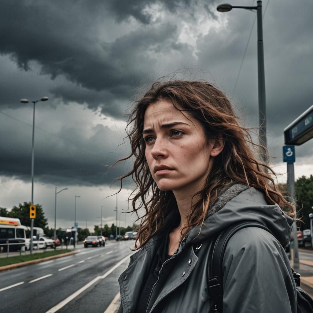 Grieving Woman Waits at Bus Stop in Storm