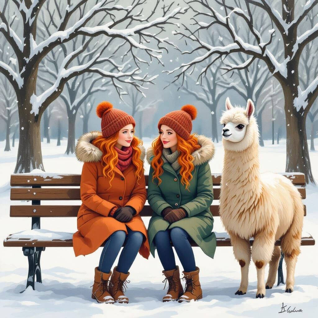Identical twin ginger haired women  sitting on a park bench in the snow while a llama stares at them