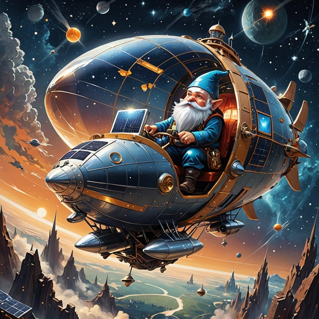 A gnome operating a solar-powered airship in space. 
