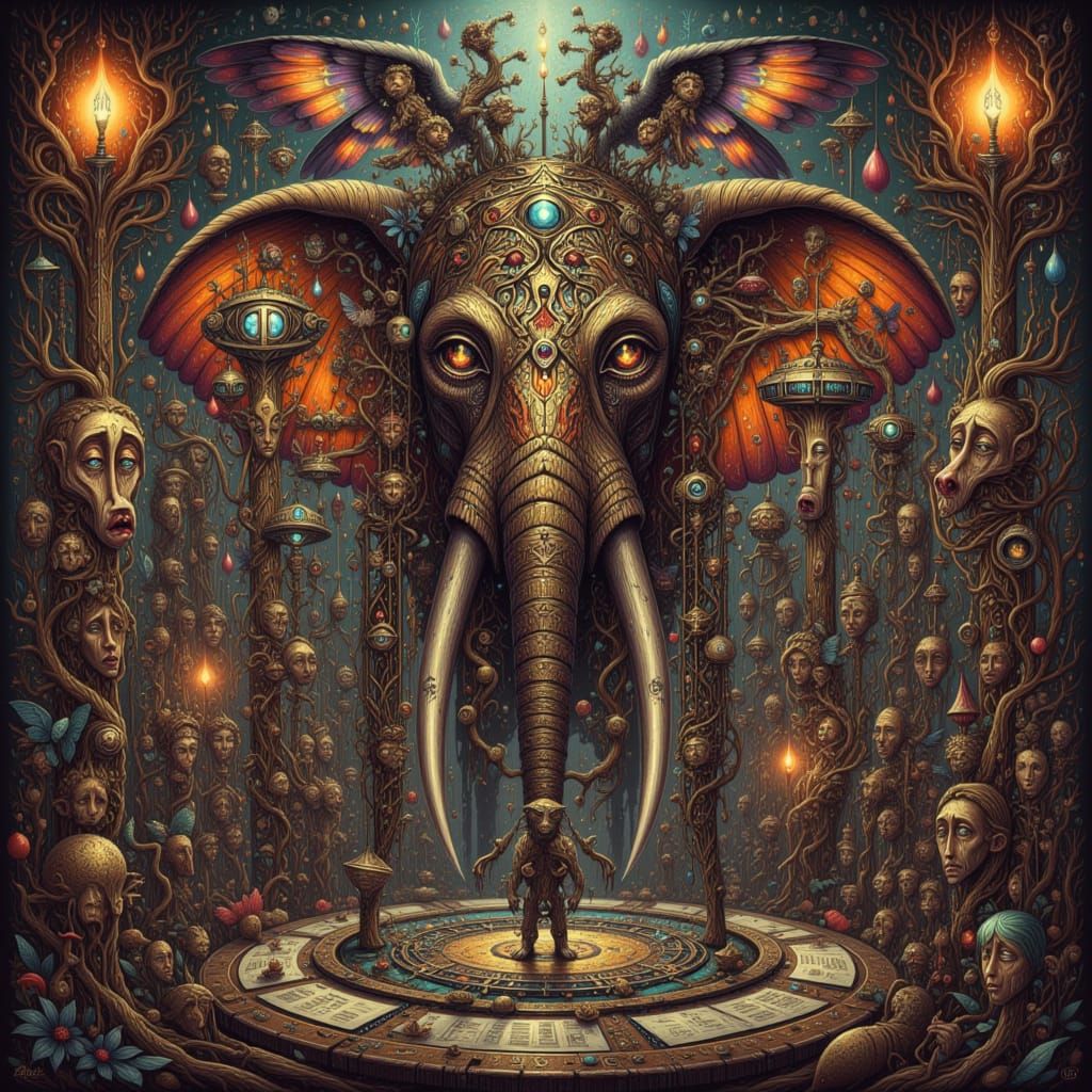 <lora:GazDreamchant:1.0> steampunk elephant juggles gears