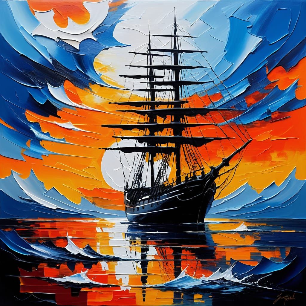 A serene winter night landscape with a glowing full moon high in the sky, its golden light reflecting across a calm river. Snow-covered tree...