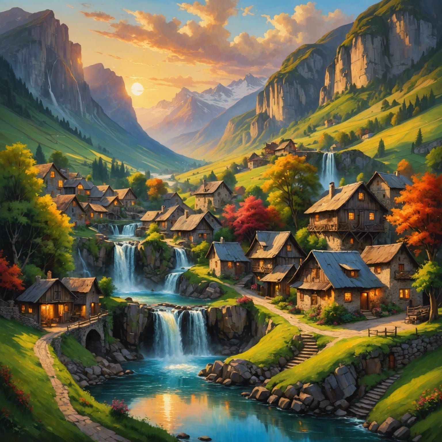 A beautiful rustic village nestled in the mountains near a waterfall at ...