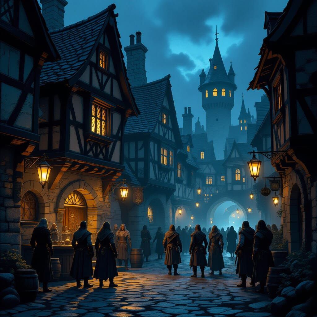 Adventurers Gather at Medieval Tavern in Noir Style