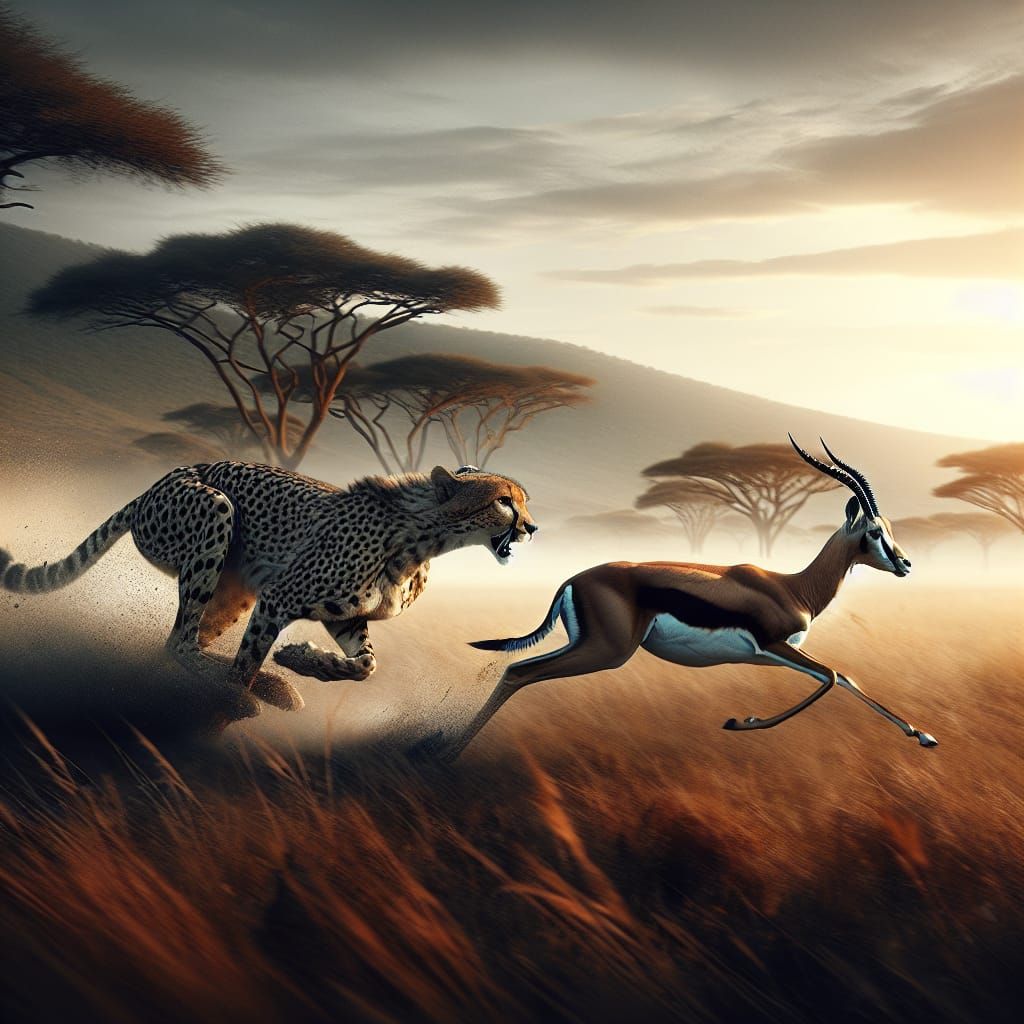 Cheetah chasing a gazelle on the African savannah there is a motion blur behind each of them
