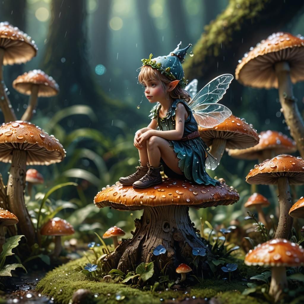 Photography of a tiny fairy sitting on a mushroom