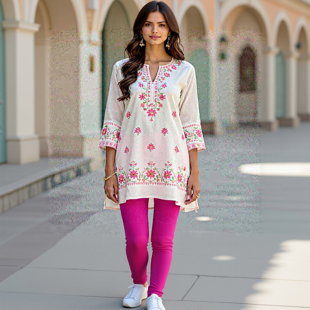 Generate a image of white short straight kurti with pink small design make them matching with diff matching leggings jeans pant 