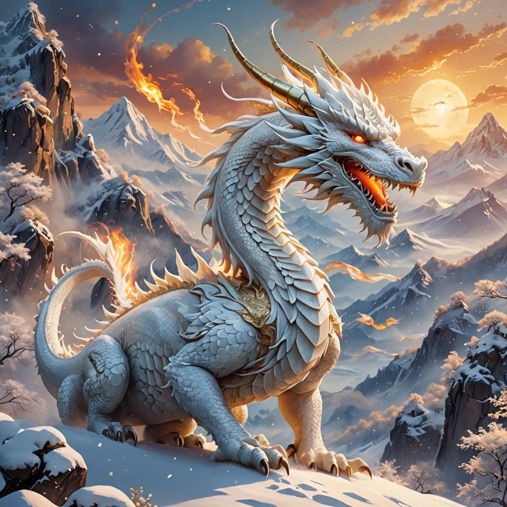 Majestic White Dragon Breathing Fire on Snowy Mountain